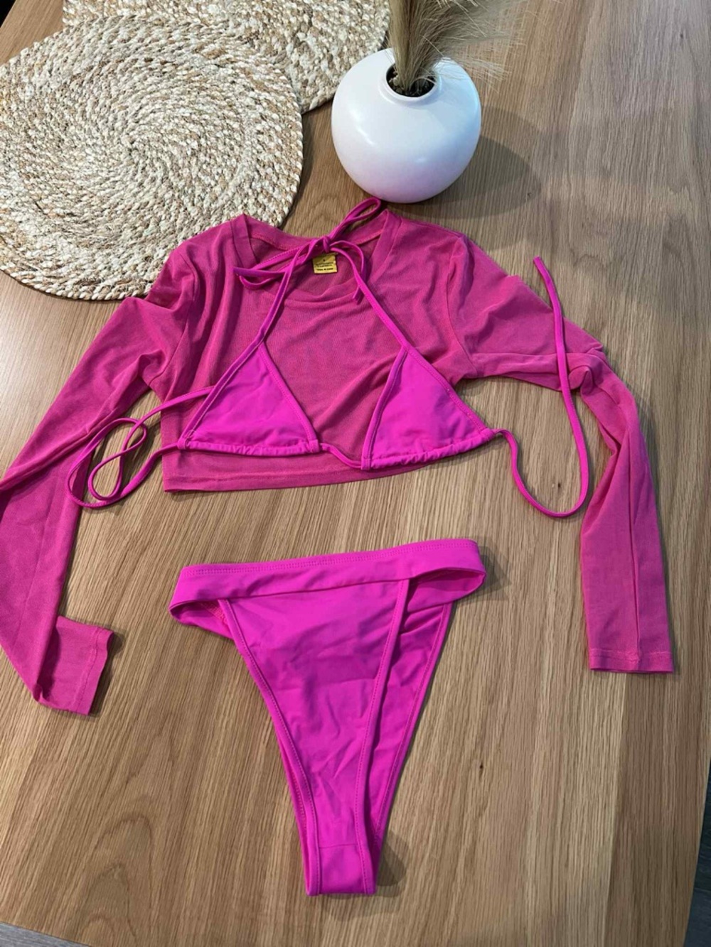 Hot Pink Bikini Set with Sheer Cover-Up